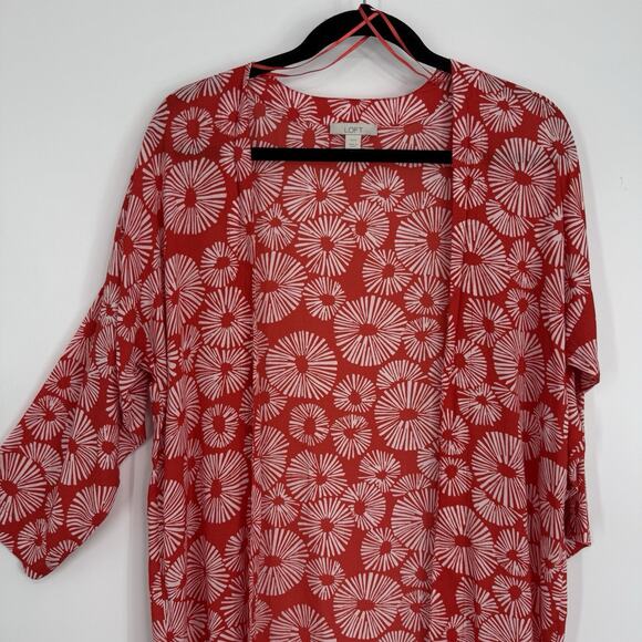 LOFT Open Kimono topper Size XS/Small Red Floral Artsy Long Length - Picture 3 of 9
